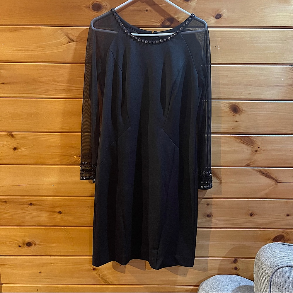 Leslie Fay knee-high dress w/ see-through sleeves